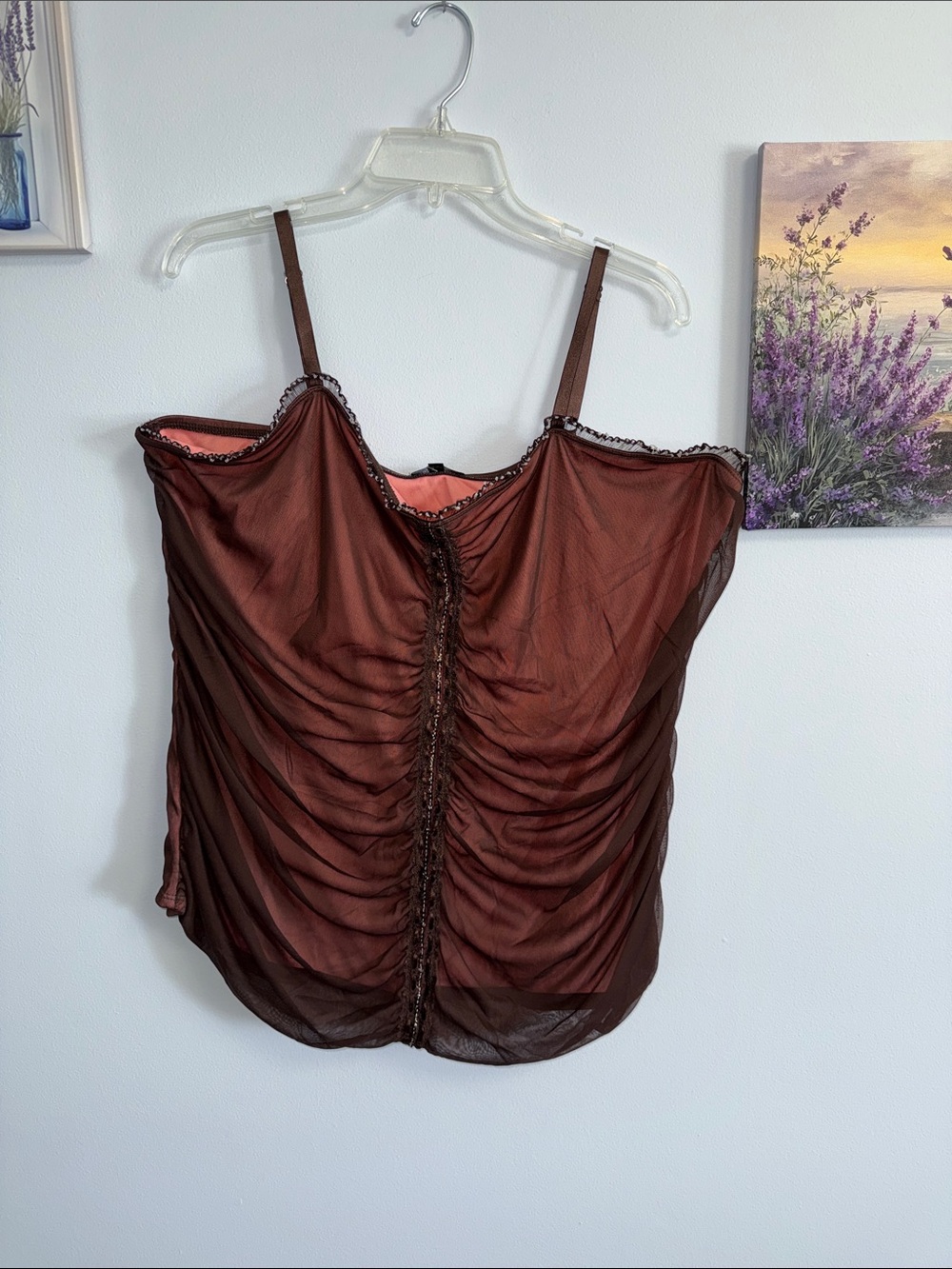 Hot Kiss Brown Ruched Sheer Cami with Pink Lining